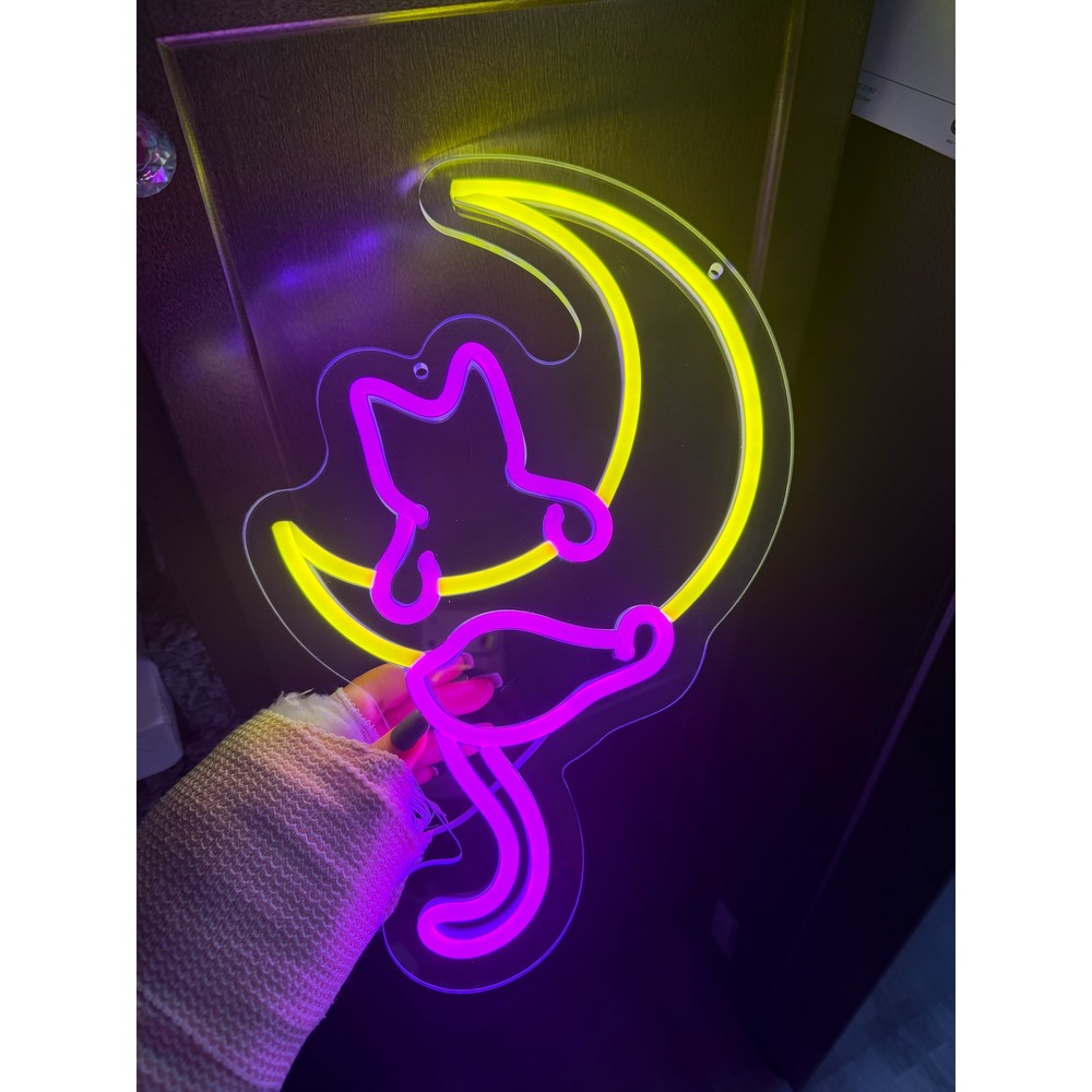 Handmade LED Neon Sign Pink Cat on Yellow Crescent Moon Wall Decor USB Powered